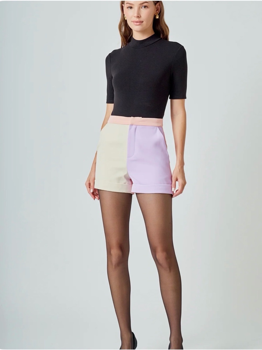Endless Rose Cream, Lilac and Pastel Pink High-Waist Colorblock Shorts